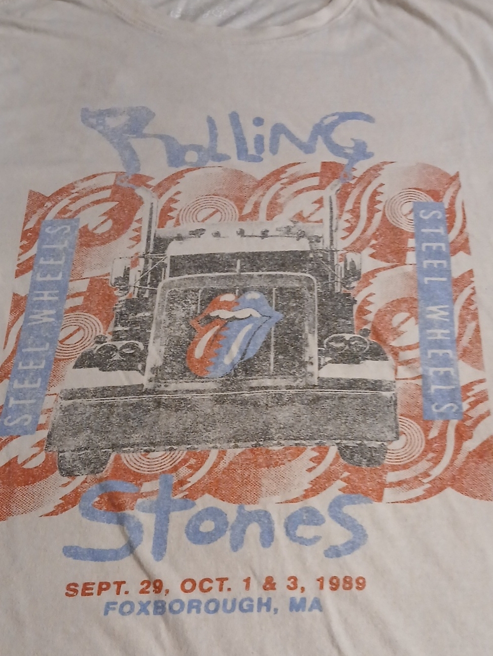 the Rolling Stones White Tee with Red, Blue and Gray Tour Graphic
